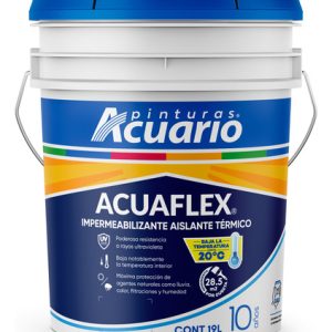 Lata de ACUAFLEX AISLANTE TÉRMICO aplicado en techo blanco reflectivo, mostrando diferencia térmica entre superficie tratada (azul frío) y no tratada (rojo cálido) con termómetro digital marcando reducción de 15°C