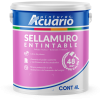 Envase azul de SELLAMURO con iconos de protección contra humedad, mostrando aplicación en muro de tabique rojo con efecto repelencia al agua