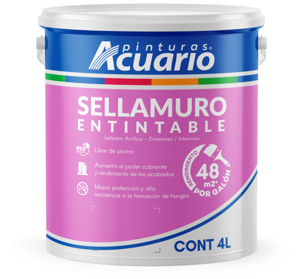 Envase azul de SELLAMURO con iconos de protección contra humedad, mostrando aplicación en muro de tabique rojo con efecto repelencia al agua
